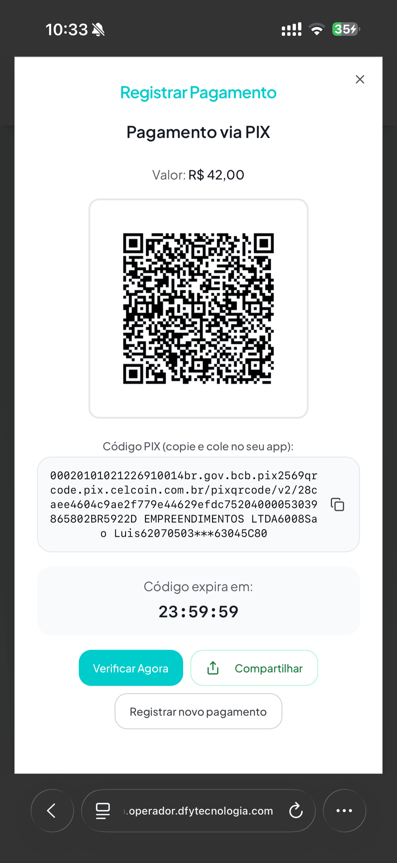 Código Pix gerado no app DFY